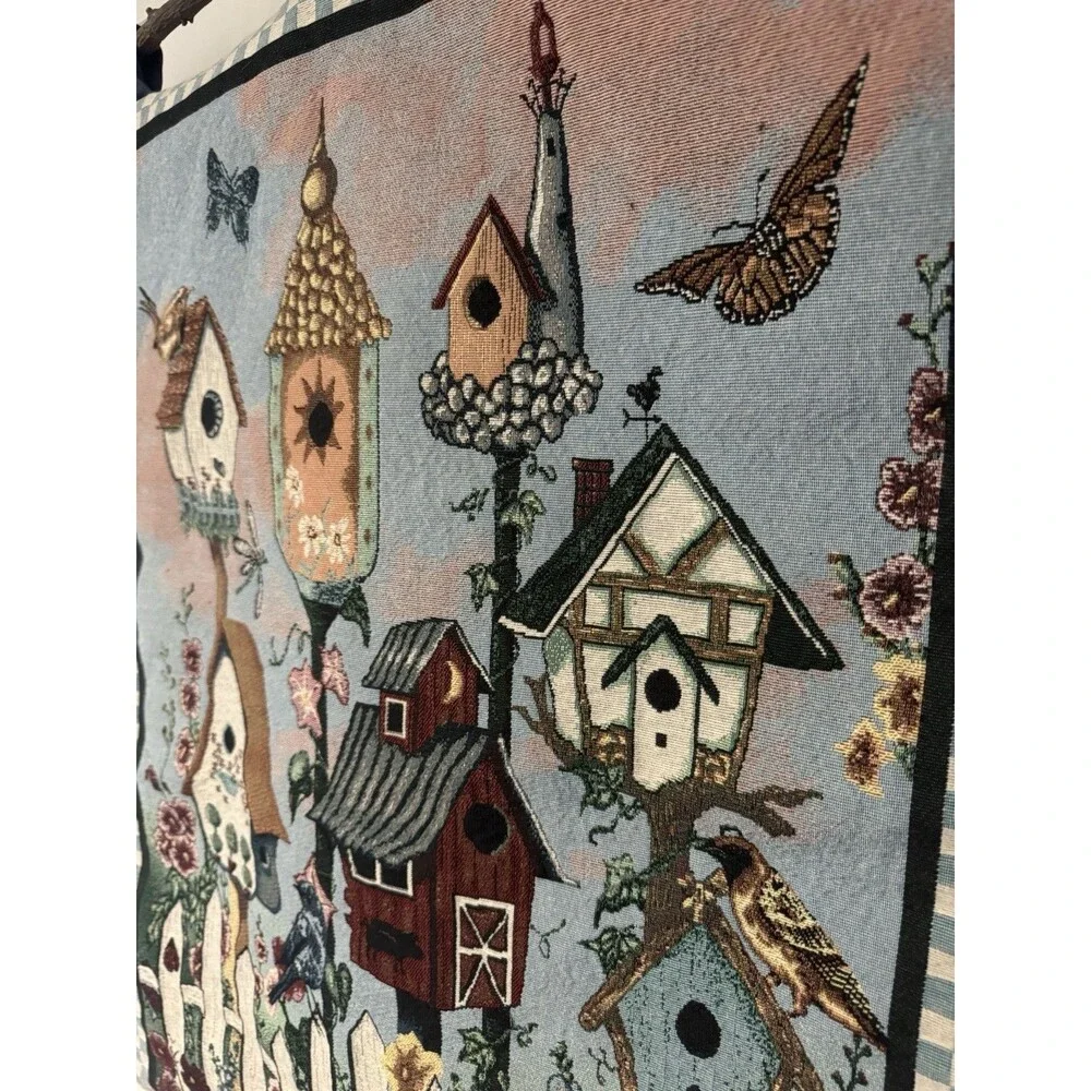 Home Tweet Home Bird Houses Floral Tapestry 26x36 Rod Wall Hanging Decor Country - Picture 3 of 4